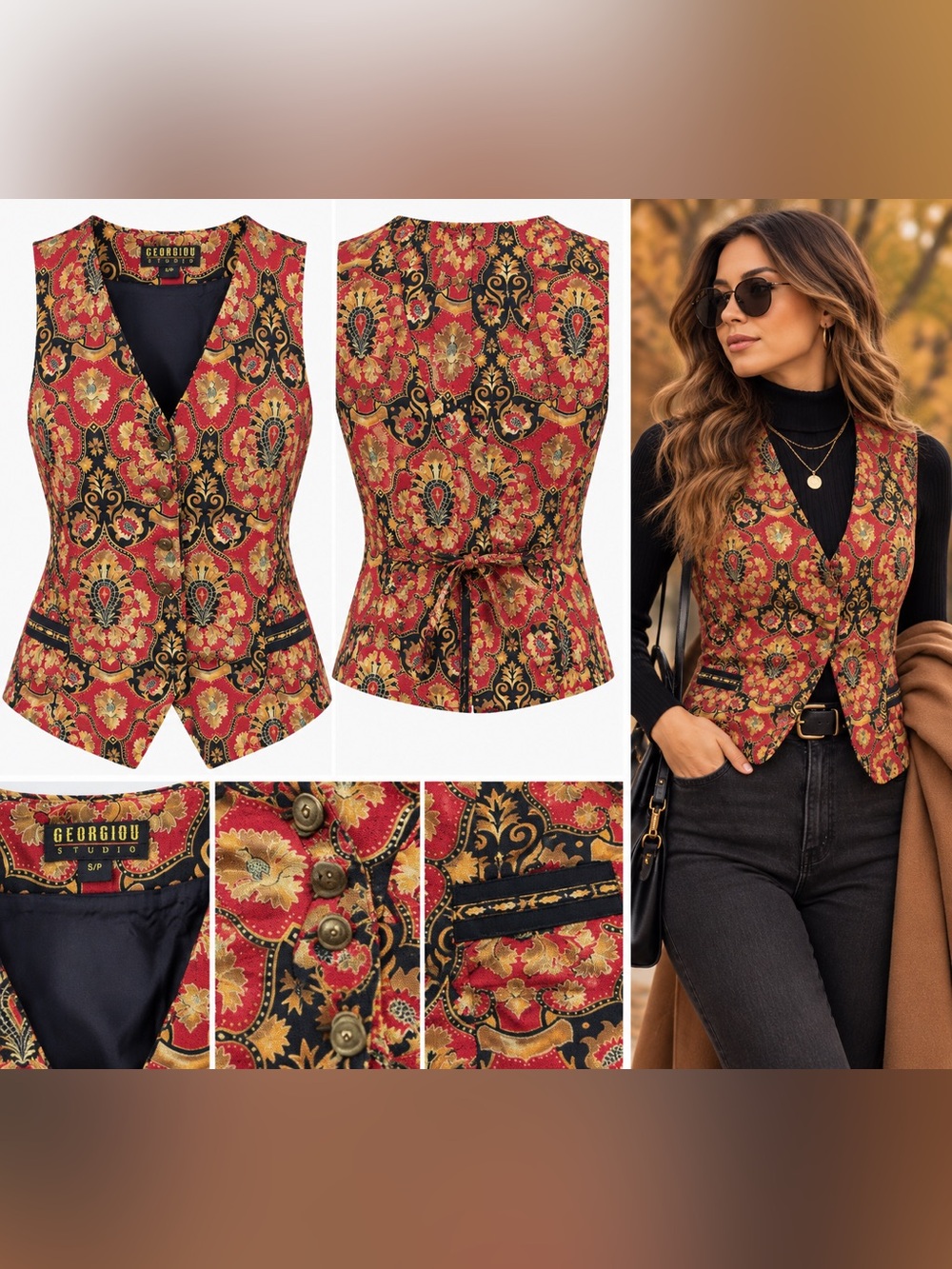 Georgiou Studio Vest Size S/P Red Black Gold Floral Damask Print